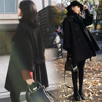 Kórejský Zimný Kabát Ženy Jednoduché Čierne Dlhé Outwear Pevné Casaco Feminino Bežné Dlho Puzdre Belted Ženy Kabát Jeseň Bunda