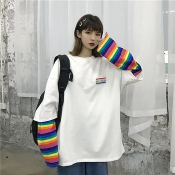 2020 nový sveter ženy jeseň tenké voľné voľné rainbow pruhy šitie falošné dvoch-dielny dlhým rukávom t-shirt top ženy