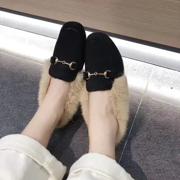 2020 jeseň v zime nosiť Kovové reťaze stádo ploché mokasíny jednej topánky kartáčovaný králik vlasy ženské topánky Pohodlné členkové topánky