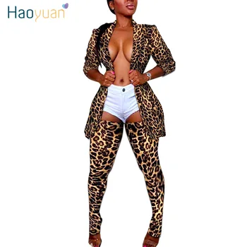 HAOYUAN Plus Veľkosť Camo Leopard Dve Kus Ženy Jar Top a Nohavice 2 Ks Plavky Zhodné Sady Sexy Narodeniny Klubu Oblečenie