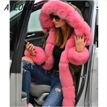 AILOOGE Pribrala Umelú Kožušinu Kamufláž Hot Pink Vetrovka Ženy Zimná Bunda s Kapucňou Dlhý Kabát NÁM Plus Veľkosť S M L XL XXL 3XL