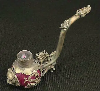 Nádherná Čínska Vintage Tibetského Striebra Vykladané s Umelým Jade Handwork Dragon Fajčenie Rúry