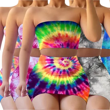 Rainbow Tie-Dye Tlač 2 Kus Zodpovedajúce Nastavenie Ženy Šaty Off Ramenný Backless Plodín Top Bodycon Mini Sukne Narodeniny Klubu Oblečenie