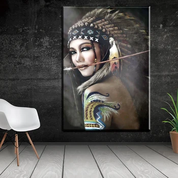 Portrét Plátno Wall Art Decor Obrázky Pre Obývacia Izba Indická Žena Pernatej Pride Plátno Na Maľovanie Domova Vytlačené Cuadros