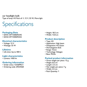 Philips Vision H3 12V 55W PK22s 12336PRC1 +30% Viac Svetlé Pôvodné Svetlo Auto Hmlové Svietidlo OEM Kvalita Auto Hlavu Žiarovka (Single)