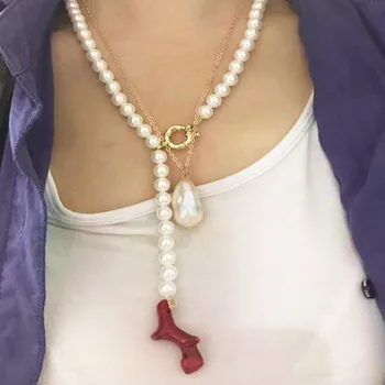 ženy kúzlo imitácia perlový náhrdelník ručné červený korál prívesok šperky modrá biele perly korálkové príslušenstvo darček pre priateľa