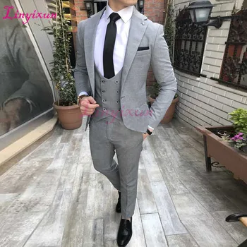 Linyixun Najnovšie kabát nohavice vzorov elegantných šedých muži obleky dvojité breasted vesta slim fit oblek pre obchodné svadobné klasické tuxedo