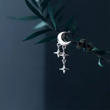 925 Sterling Silver Moon Star Strapec Náušnice Kórejský Štýl Dlhé Náušnice Pre Ženy, Šperky, Módne Doplnky Strany Dievča, Darček