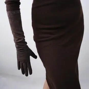 Ženské farba hnedá prírodná semiš kožené rukavice žena skutočné ovčej kože dlhé jazdy rukavice 44 cm R2675