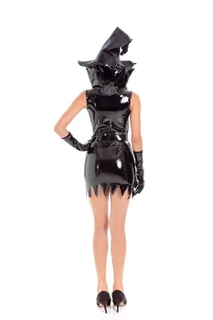 Nové Dospelých Maleficent Halloween Cosplay Kostým Čarodejnice 4 Kusy Čierne Faux Kožené Šaty bez Rukávov s Klobúk Sexy Kostým Upíra