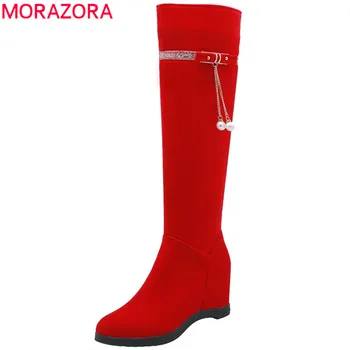 MORAZORA 2020 hot ženy kolená vysoké topánky stádo pearl zip jeseň dlhé zimné topánky elegantné kliny topánky ženské svadobné topánky