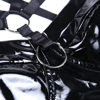 Gotický Čierne Ženy Sexy Streetwear Kovové Vytiahnuť Krúžok Bodycon Tank Topy 2020 Lete Goth Punk PU Kožené Obväz Zips Košieľka