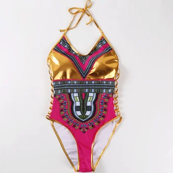 Golden-razenie jednodielne Plavky Africkej Tlače Monokiny Plavky s Push Up Plávať Nosiť Sexy plavky Ženské Plávanie Kostýmy