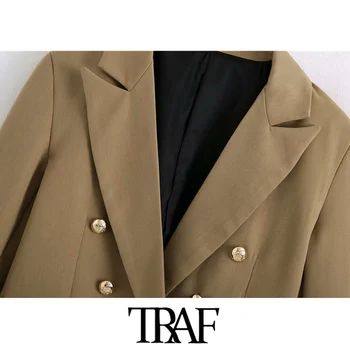TRAF Ženy Móda Office Nosenie Dvojité Breasted Blejzre Kabát Vintage Dlhý Rukáv Späť Otvory Žena vrchné oblečenie Elegantné Topy