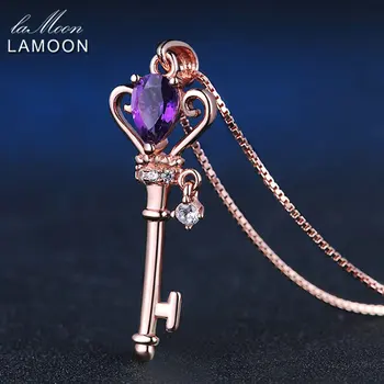 LAMOON - Crown Kľúčový Prívesok Náhrdelník 6x4mm 0.4 ct Prírodné Slza Ametyst 925 Sterling Silver Šperky Farba S925 LMNI004