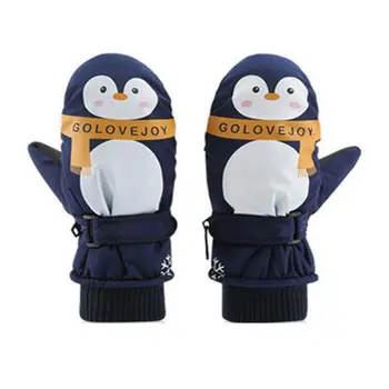 Baby, Deti, Chlapec a Dievča Cartoon Penguin Nepremokavé Rukavice Dvojvrstvové Rebrované Manžety Nastaviteľné Anti-Slip Zimné Lyžiarske Rukavice 7-12T