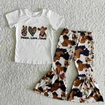 Veľkoobchod Boutique Deti Oblečenie Baby Dievčatá Sady Modrá Krátky Rukáv List Krátke Leopard Bull Bell dnom Nohavice Deti Oblečenie
