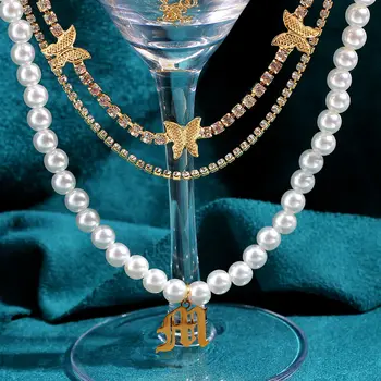 Moderné Viacvrstvové Ženy Náhrdelník Crystal Motýľ Choker Počiatočné Tenis Reťazec Písmen Chamrs Pearl Reťazca Luxusný Darček Šperky