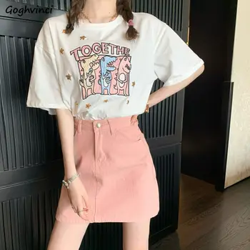 Ženy Sád Tlačených O-krku Krátky Rukáv T-shirts Pevné Vysoký Pás Mini Sukne Sladkých Dievčat, kórejský Štýl Elegantné Trendy Bežné Fitness
