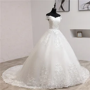 Nové 2021 Elegantné Luxusné Biele Vestido De Noiva Svadobné Šaty Vlak Vlastné Plus Veľkosť Svadobné Tylu Dlho Výšivky Mimo Rameno