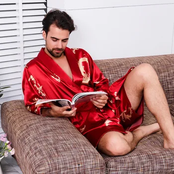 Vytlačené Dragon Župan Set 2 KS Mužskej Satin Nightgown Mužov Sleepwear Vintage Pajama Odev Župan халат мужской пижама Pijamas