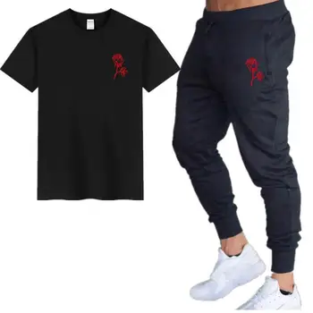 Nový trend značky letné módy bavlna voľné bežné priedušné tričko vyhovuje tlač Rose pánske fitness športové tričko+nohavice 2 Sady
