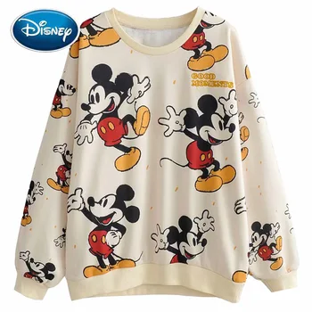 Mikina Disney Módne Viac Mickey Mouse List Karikatúra Tlače Dlhý Rukáv O-Krku Harajuku Ženy Voľné Topy Žena Streetwear