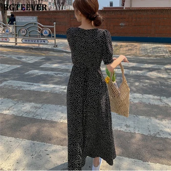 BGTEEVER Vintage Puff-rukáv Kvetinový Tlač Ženy Šaty Letné tvaru Štíhly Pás A-line Ženské Šaty 2020 Black Vestidos femme