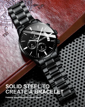Pánske luxusné Čierne oceľové náramkové hodinky mužov značky hodinky quartz muž hodiny nepremokavé nehrdzavejúcej ocele módneho priemyslu kalendár