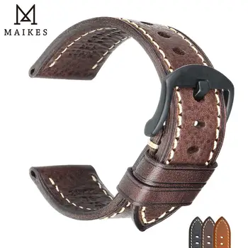 MAIKES Ručné Originálne Kožené remienky 20 mm 22 mm 24 mm Black Pracky Cowhide Watchbands Pre MIDO Rolex Popruh