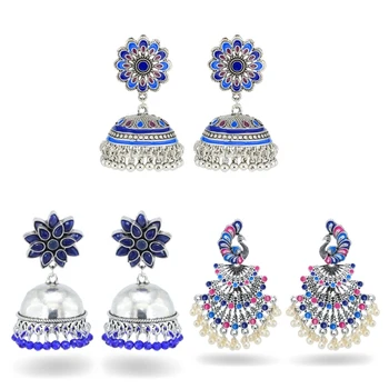 3 Páry Etnických Páva Kvet Dizajn Modrý Indiánsky Drop Náušnice Súprava Šperkov Ženy B36D