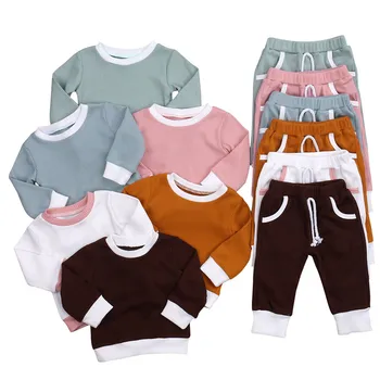0-4Y Jesenné Dieťa, Chlapec, Dievča, Bavlnené Oblečenie, Pletené Dlhý Rukáv T-Shirt Topy+Nohavice 2 Ks Batoľa Oblečenie Set