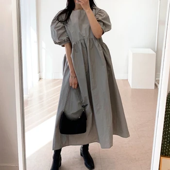 2021 Nové Letné Ženy Vintage Voľné Vysoký Pás Slim Bol Tenký Elegantný Kolo Krku Skladaný Dizajn Maxi Šaty