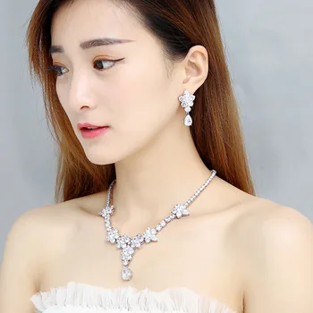 Luxusné svadobné šperky set biela kubický zirkón kvet chokers náhrdelníky náušnice svadobné šperky sady 2018