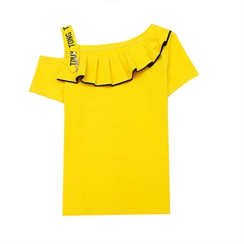 2020 Letné Módy Sexy Lomka Krku Volánikmi T-shirt Ženy Bavlna Mimo Ramenný Topy kórejské Oblečenie Tričko Ropa Mujer Tees T01001