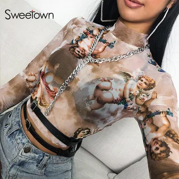 Sweetown Lete Roku 2020 Kawaii Oka Plodín Top Tričko Gréckej Mytológie Anjel Tlač Vidieť Cez Vrchol Ženy Sexy Transparentné Pláži Tričko