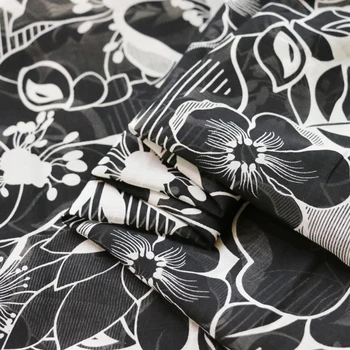 100 cm*135 cm Hodváb Bavlnená Tkanina Vintage Šaty Materiál Čierny Biely Kvet