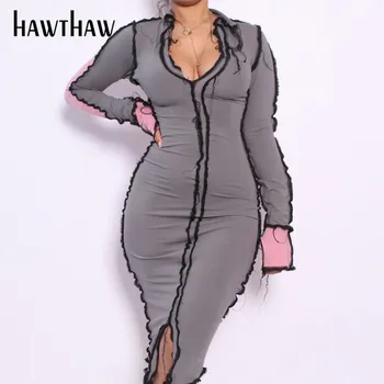 Hawthaw Ženy Jeseň Zima Dlhý Rukáv Farebný Blok Patchwork Bodycon Package Hip Ceruzka Šaty 2020 Ženské Oblečenie, Streetwear