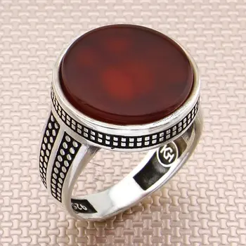 Rovno Kolo Červený Kameň Achát Mužov Silver Ring malíčka Strieborný Prsteň Vyrobený v Turecku Pevné 925 Sterling Silver