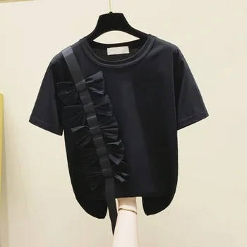 Japonský A kórejský Štýl Bowknot Šitie-Krátke rukávy T-shirt Žena 2020 Letné Voľné Bežné T Módne Ženy Black Topy