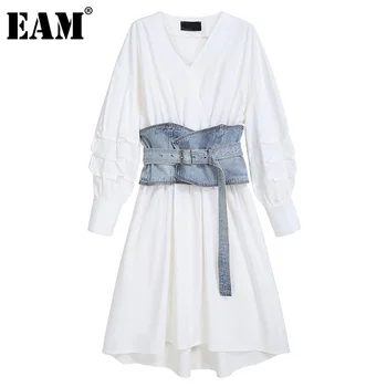 [EAM] Ženy Denim Pás Pozdĺžne Biele Dlhé Šaty Nové tvaru Dlhý Rukáv Loose Fit Módne Príliv Jar Jeseň 2021 1DD4519