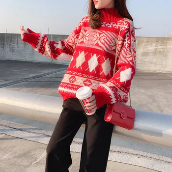 Retro jeseň a v zime pletený pulóver 2020 nový kórejský voľné sveter žien bunda s Dlhým rukávom turtleneck