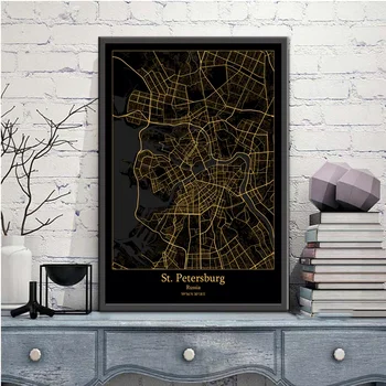 St Petersburg Rusko Black&Gold Mesto Svetlo Vlastné Mapy Sveta Mapa Mesta Plagáty Plátno, Vytlačí Nordic Štýl Wall Art Domova