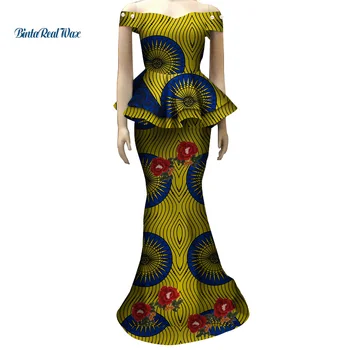 Africké Nášivka Kvet Top a Sukne, Súpravy pre Ženy Bazin Riche Tradičné Africké Ženy Oblečenie 2 Kusy Sukne, Súpravy WY4028