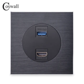 Coswall Čierna / Strieborná Sivá, Hliníkové Kovový Panel Sieťovej Zásuvky HDMI kompatibilné s 2.0 a USB 3.0 Konektor Samica na Ženy, Inline