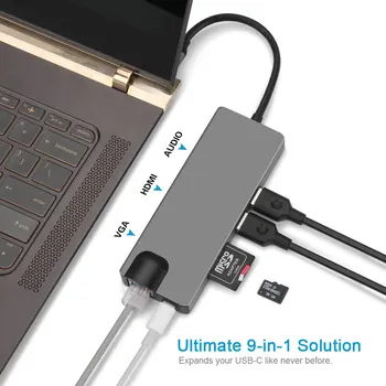 9-V-1 Typ C Rozbočovač USB, C, HDMI, VGA RJ45 Porty USB 3.0 SD/TF Kariet USB-C Napájanie Doručenia pre MacBook Pro S PD