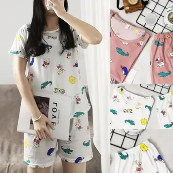 Ženy Sladkých Dievčat, 2ks Letné Pyžamo Nastaviť Krátky Rukáv Cartoon Crocolile Tlač Sleepwear O-Krku Voľné Plavky M-2XL
