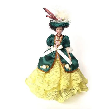 1:12 Domček Pre Bábiky Krásne Miniatúrne Porcelánové Bábiky Viktoriánskej Lady Zelené Šaty Miss Lady