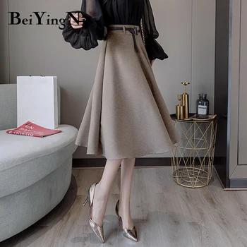 Beiyingni Vintage Sukne Ženy Pás Riadok Swing Elegantné KoreanHigh Pás Office Dámy Sukne Bežné Jar Jeseň Sukne Ženy