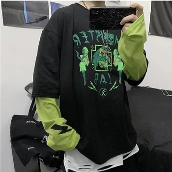 NiceMix 2020 kórejský Štýl Harajuku streetwear hip hop cartoon abecedy tlač falošné dva Kusy Tees voľné dlhým rukávom T-shirt